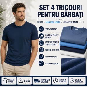 Set 4 Tricouri Bărbați 100% Bumbac Regular Clasic – Denim, Albastru Azuriu, Albastru Marin și Alb | S-3XL - Img 7