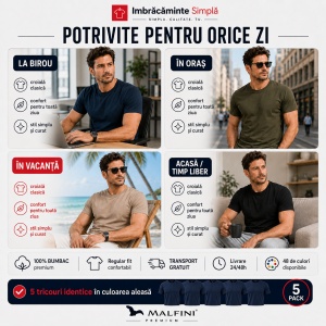 Set 5 tricouri bărbat Malfini Basic Clasic, 100% bumbac, regular fit, 48 culori, mărimi XS–5XL - Img 5