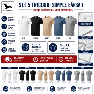 Set 5 Tricouri Bărbați 100% Bumbac – Alb, Negru, Nisip, Denim și Gri | S-3XL - Img 2