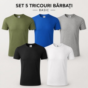 Set 5 Tricouri Bărbați 100% Bumbac – Khaki, Albastru Regal, Gri Închis, Negru și Alb | S-3XL - Img 4
