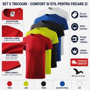 Set 5 Tricouri Bărbați 100% Bumbac – rosu,lime,negru,albastru regal, alb - Img 2