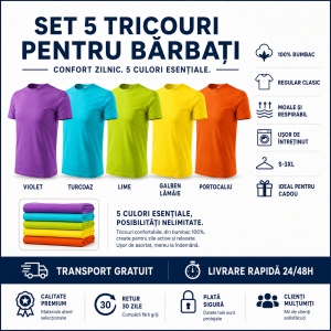 Set 5 Tricouri Bărbați 100% Bumbac – violet, turcoaz, lime, galben lamaie , portocaliu, - Img 4