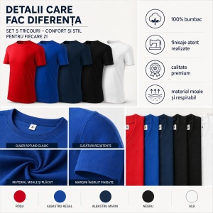 Set 5 tricouri bumbac 100% simplu clasic, Alb, Negru, Albastru Marin, Rosu, Albastru - Img 6