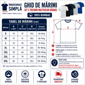Set 5 tricouri bumbac 100% simplu clasic pentru barbati, Alb, Negru, Albastru Marin, Gri, Albastru-132 - Img 3