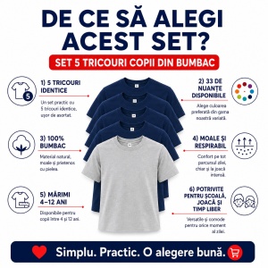 Set 5 Tricouri Copii din Bumbac 100% – Mânecă Scurtă, 33 Nuanțe, Fete și Băieți - Img 9