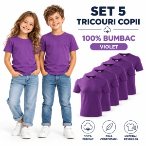 Set 5 Tricouri Copii Violet, 100% Bumbac, pentru Băiat și Fată, Școală, Sport și Joacă