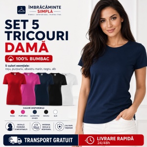 Set 5 Tricouri Damă Basic 100% Bumbac – Roșu, Purpuriu, Albastru Marin, Negru și Alb - Img 8