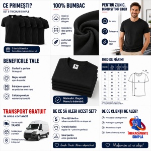 Set 5 tricouri negre din bumbac 100%, clasic si lejer la purtare pentru barbati, Negru P73 - Img 3