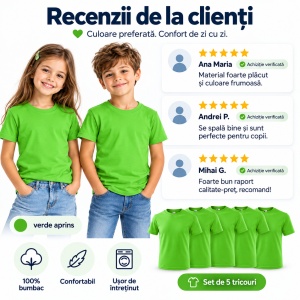 Set 5 Tricouri pentru Copii, 100% Bumbac, Verde Măr, Confortabile și Respirabile - Img 5