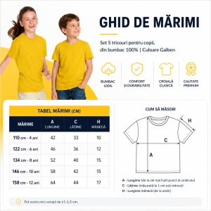Set 5 tricouri pentru copii, din bumbac 100% | Culoare Galben - Img 4