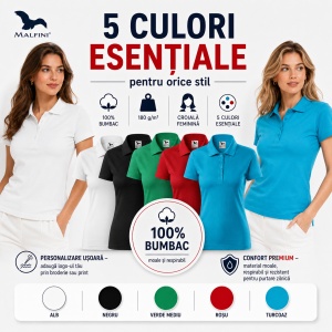 Set 5 Tricouri Polo Damă Malfini, 100% Bumbac – Alb, Negru, Verde, Roșu, Turcoaz - Img 8