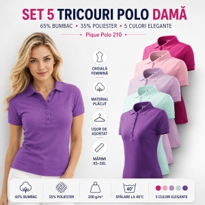 Set 5 Tricouri Polo Damă Malfini 210, Pique – Purpuriu, Roz, Orchid, Frost și Violet - Img 7