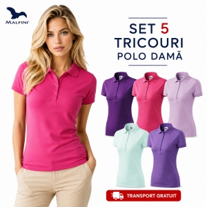 Set 5 Tricouri Polo Damă Malfini 210, Pique – Purpuriu, Roz, Orchid, Frost și Violet