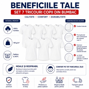 Set 7 Tricouri Copii din Bumbac 100% – Mânecă Scurtă, 33 Nuanțe, Fete și Băieți - Img 5