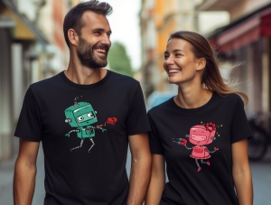 Un bărbat și o femeie purtând tricouri negre cu design tematic de roboți. Tricoul bărbatului prezintă un robot verde care oferă o inimă, iar tricoul femeii prezintă un robot roz cu un design floral, amândoi zâmbind pe o stradă urbană.