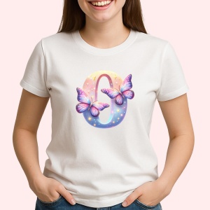 Tricou Alfabet Cifra 0 cu fluturi colorati, stele aurii, flori colorate, Alb, Unisex Dama si Barbat | Copii