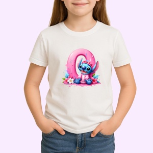 Tricou Alfabet Cifra 0 cu Stitch Roz fericit, explozie de culori, Alb, Unisex Dama si Barbat | Copii - Img 2