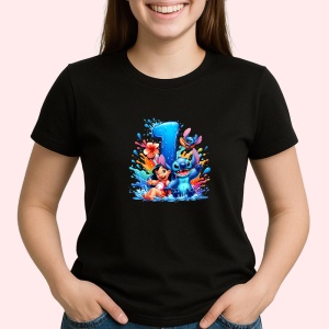 Tricou Alfabet Cifra 1 cu Lilo si Stitch albastru, veselie mare, Negru, Unisex Dama si Barbat | Copii