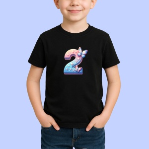 Tricou Alfabet Cifra 2 cu fluturi colorati, stele aurii, flori colorate, Negru, Unisex Dama si Barbat | Copii - Img 2