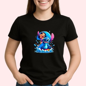 Tricou Alfabet Cifra 2 cu Lilo si Stitch albastru, veselie mare, Negru, Unisex Dama si Barbat | Copii