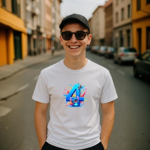 Tricou Alfabet Cifra 4 cu Lilo si Stitch albastru, veselie mare, Alb, Unisex Dama si Barbat | Copii - Img 5