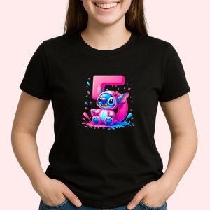 Tricou Alfabet CIfra 5 cu Stitch Roz fericit, explozie de culori, Negru, Unisex Dama si Barbat | Copii