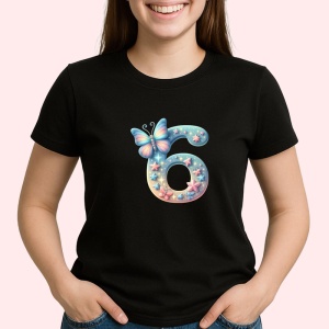 Tricou Alfabet Cifra 6 cu fluturi colorati, stele aurii, flori colorate, Negru, Unisex Dama si Barbat | Copii