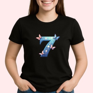 Tricou Alfabet Cifra 7 cu fluturi colorati, stele aurii, flori colorate, Negru, Unisex Dama si Barbat | Copii