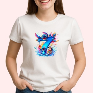 Tricou Alfabet Cifra 7 cu Lilo si Stitch albastru, veselie mare, Alb, Unisex Dama si Barbat | Copii - Img 1