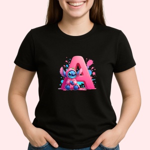 Tricou Alfabet Litera A cu Stitch Roz fericit, explozie de culori, Negru, Unisex Dama si Barbat | Copii
