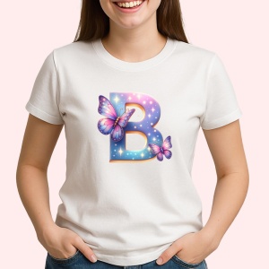 Tricou Alfabet Litera B cu fluturi colorati, stele aurii, flori colorate, Alb, Unisex Dama si Barbat | Copii
