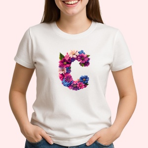Tricou Alfabet Litera C cu flori, margarete, flori colorate, Alb, Unisex Dama si Barbat | Copii