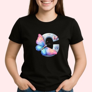 Tricou Alfabet Litera C cu fluturi colorati, stele aurii, flori colorate, Negru, Unisex Dama si Barbat | Copii