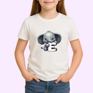Tricou Alfabet Litera E cu animal Elephant Elefant , Alb, Unisex Dama si Barbat | Copii