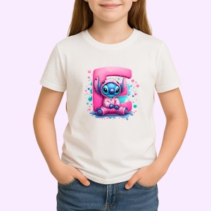 Tricou Alfabet Litera E cu Stitch Roz fericit, explozie de culori, Alb, Unisex Dama si Barbat | Copii - Img 2