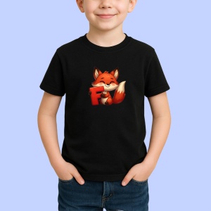 Tricou Alfabet Litera F cu animal Fox Vulpe, Negru, Unisex Dama si Barbat | Copii - Img 2