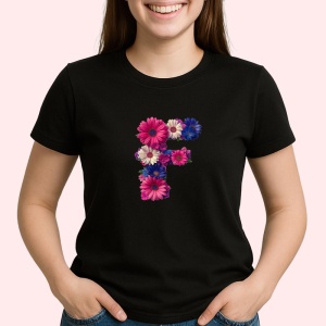 Tricou Alfabet Litera F cu flori, margarete, flori colorate, Negru, Unisex Dama si Barbat | Copii