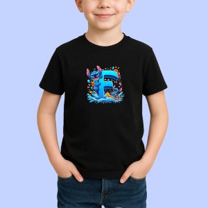 Tricou Alfabet Litera F cu Lilo si Stitch albastru, veselie mare, Mare, Negru, Unisex Dama si Barbat | Copii