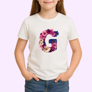 Tricou Alfabet Litera G cu flori, margarete, flori colorate, Alb, Unisex Dama si Barbat | Copii - Img 2