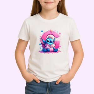 Tricou Alfabet Litera G cu Stitch Roz fericit, explozie de culori, Alb, Unisex Dama si Barbat | Copii - Img 2