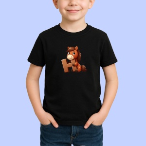 Tricou Alfabet Litera H cu animal Horse Cal, Negru, Unisex Dama si Barbat | Copii - Img 2