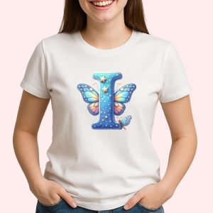 Tricou Alfabet Litera I cu fluturi colorati, stele aurii, flori colorate, Alb, Unisex Dama si Barbat | Copii