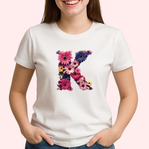 Tricou Alfabet Litera K cu flori, margarete, flori colorate, Alb, Unisex Dama si Barbat | Copii