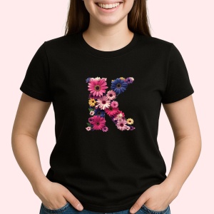 Tricou Alfabet Litera K cu flori, margarete, flori colorate, Negru, Unisex Dama si Barbat | Copii