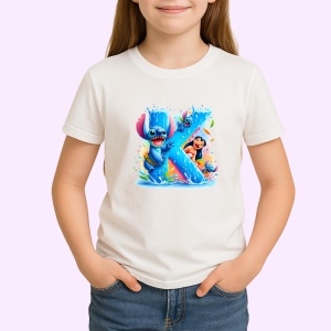 Tricou Alfabet Litera K cu Lilo si Stitch albastru, veselie mare, Alb, Unisex Dama si Barbat | Copii - Img 2