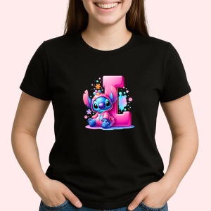 Tricou Alfabet Litera L cu Stitch Roz fericit, explozie de culori, Negru, Unisex Dama si Barbat | Copii
