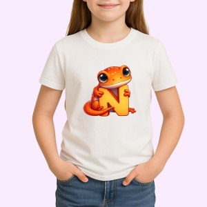 Tricou Alfabet Litera N cu animal Newt Triton , Alb, Unisex Dama si Barbat | Copii