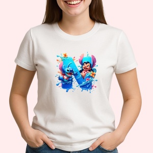 Tricou Alfabet Litera N cu Lilo si Stitch albastru, veselie mare, Alb, Unisex Dama si Barbat | Copii