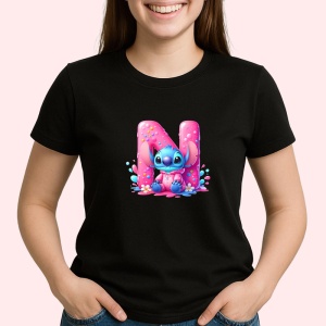 Tricou Alfabet Litera N cu Stitch Roz fericit, explozie de culori, Negru, Unisex Dama si Barbat | Copii