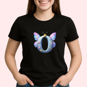 Tricou Alfabet Litera O cu fluturi colorati, stele aurii, flori colorate, Negru, Unisex Dama si Barbat | Copii